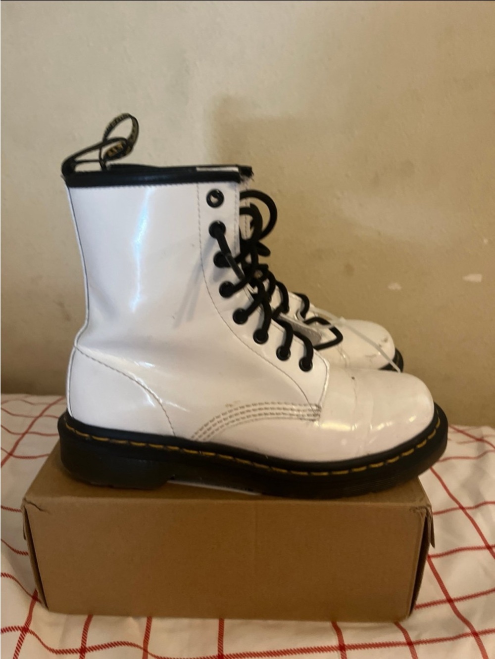 Dr. Martens White Lace-Up Combat Boots with Black Trim